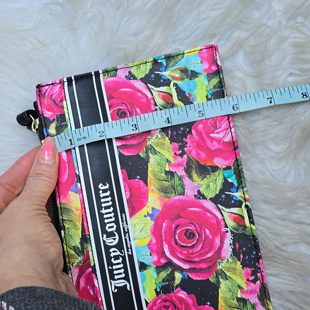 Juicy Couture Black Multi Rose Gothic Logo Stripe Wristlet Wallet Floral Flowers - Picture 9 of 9